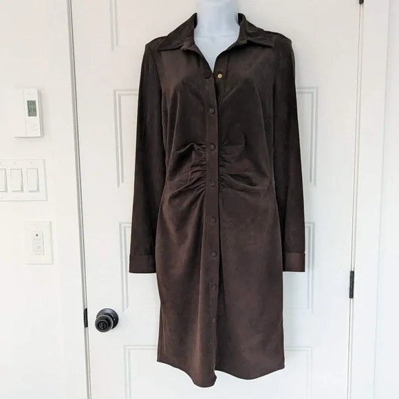 Marciano Faux Suede Button Front Dress Chocolate Brown Ruched Waist Size 6 - Picture 3 of 13
